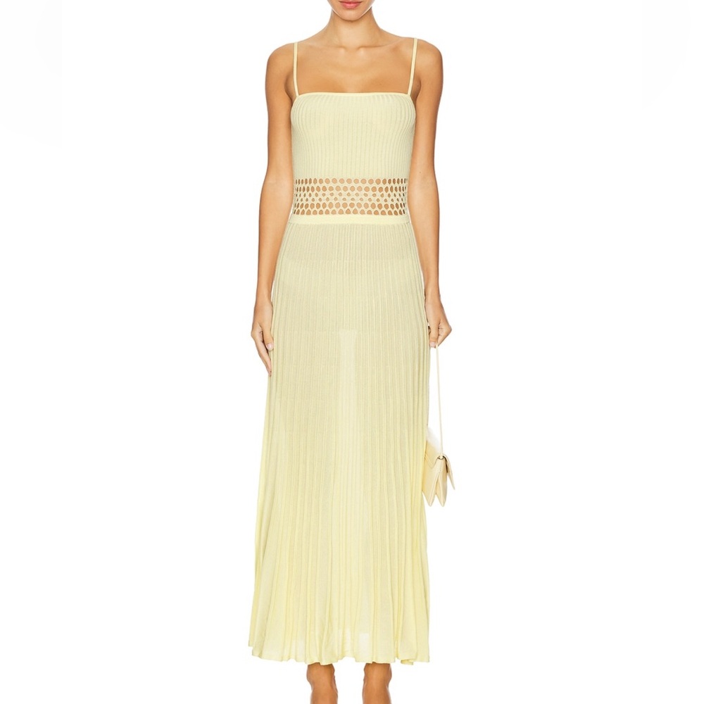Tularosa Pale Yellow Ribbed Midi Dress with Crochet Waist